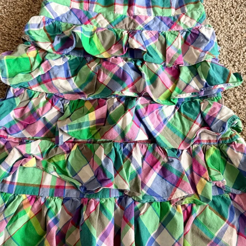 Ralph Lauren Girls Plaid Summer Ruffle Dress Size 4 Purple Blue Green